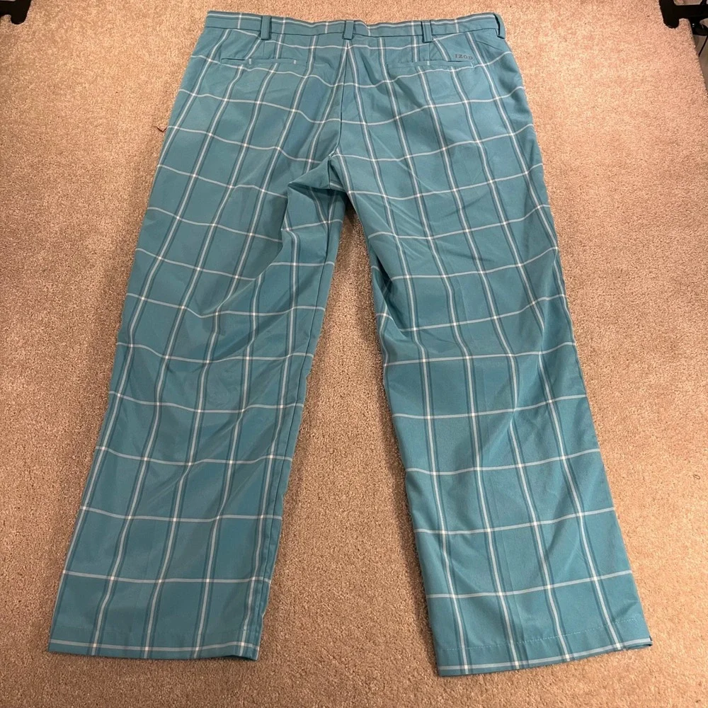 IZOD Golf Pants Mens 40x30 Aqua Blue Windowpane Plaid Flat Front Trousers
